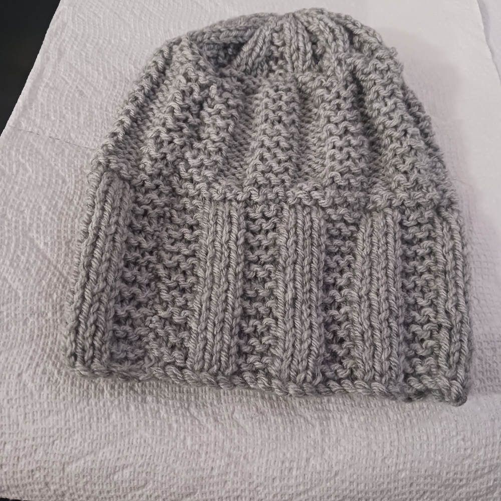 Stylish Gray Knit Beanie. Hand Knitted With Acrylic Yarn. New Hat Winter Style,